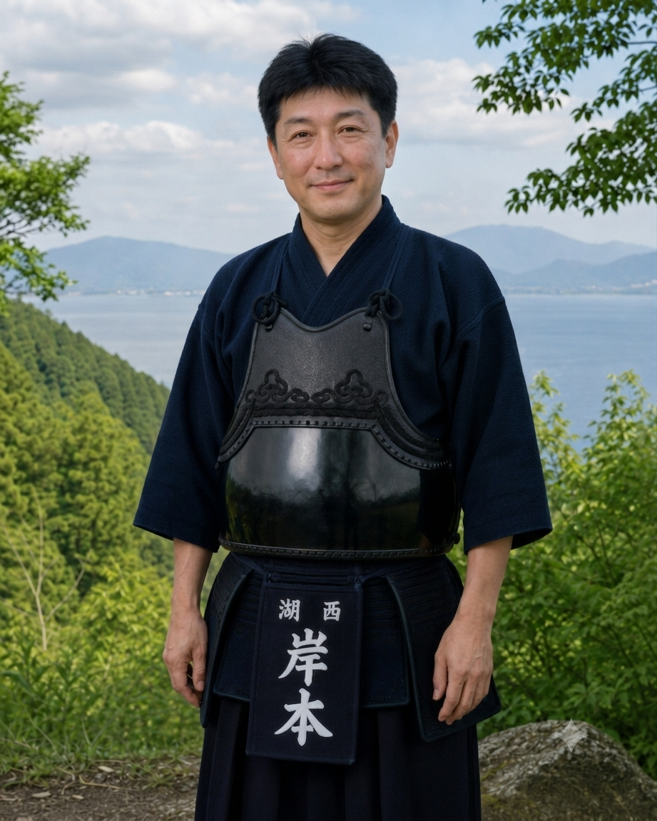 Naoyuki Kishimoto in kendo armour beside Lake Biwa